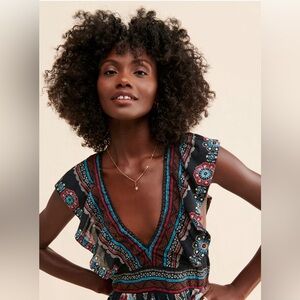 HP!! 🥰🥰NWT by Anthropologie V-neck Plunge Tunic MiniDress Black Tribal Print L